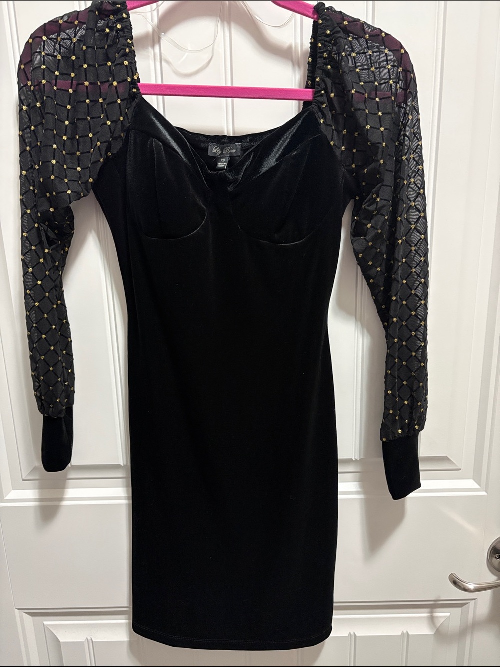 Lily Rose Black Velvet Sheer Gold Mesh Sleeve Dress XS